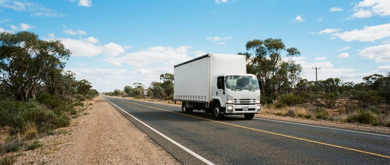 Unbranded white moving truck on an Australian regional highway near Mildura