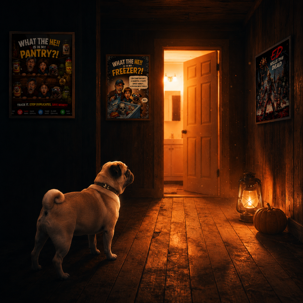 Jack the pug staring down a warm, glowing bathroom hallway in a cozy rustic basement.