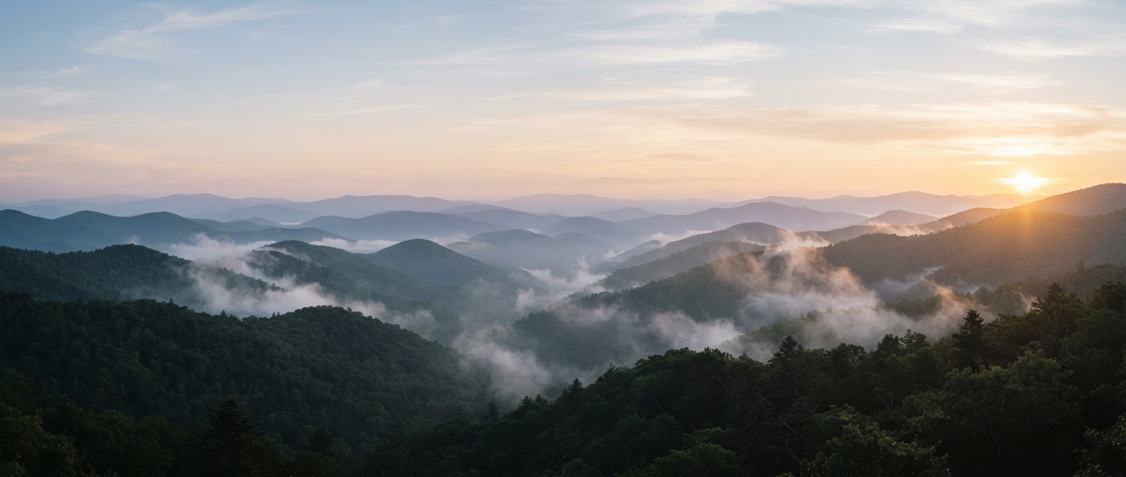 Fog lifting above the Blue Ridge Mountains at dawn