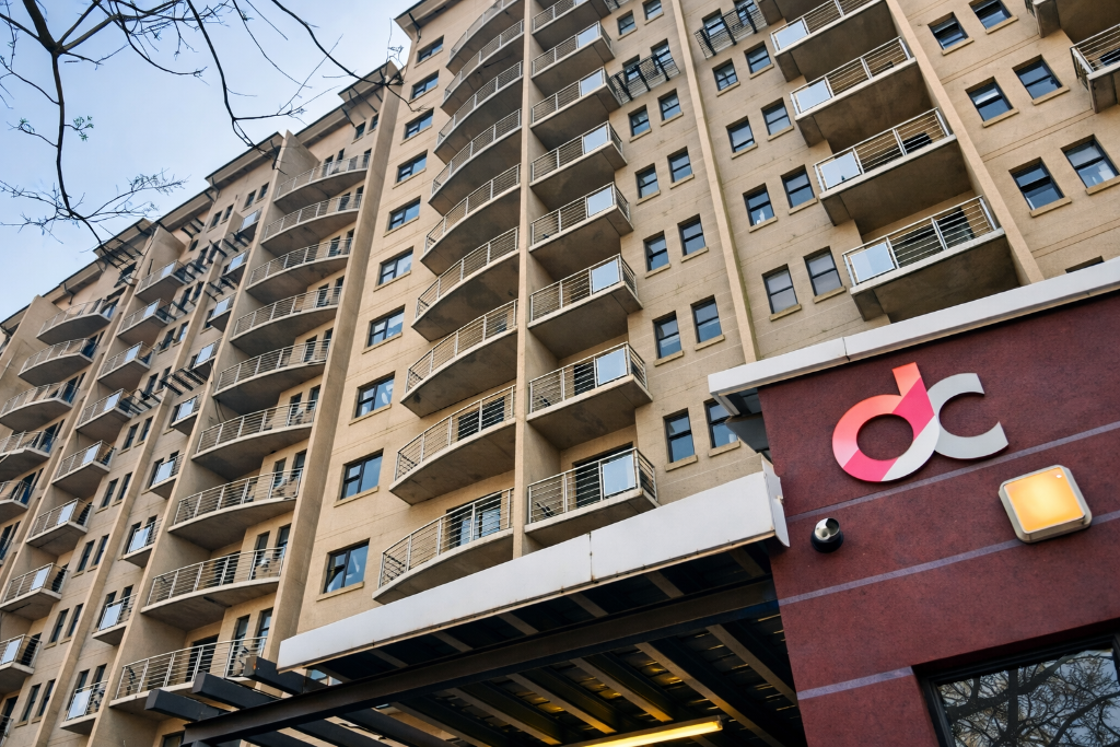 Duncan Court apartment building exterior in Hatfield, Pretoria at golden hour