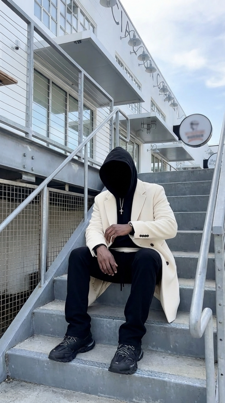 Interstate — seated on steps, white coat