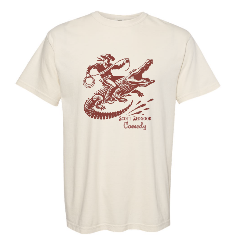 Scott Bedgood Comedy t-shirt featuring a cowboy riding an alligator