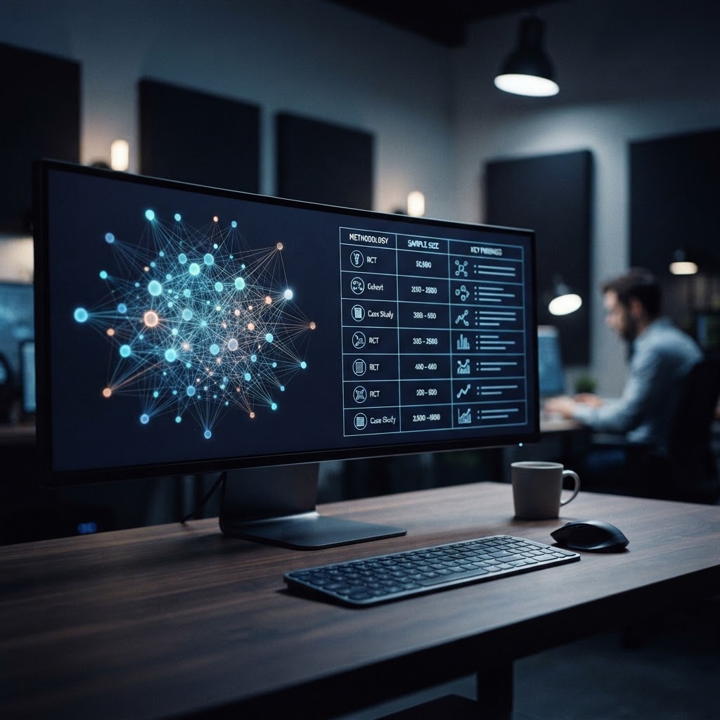 A professional research dashboard visualizing citation networks alongside structured evidence extraction, demonstrating the transition from raw discovery to organized synthesis.
