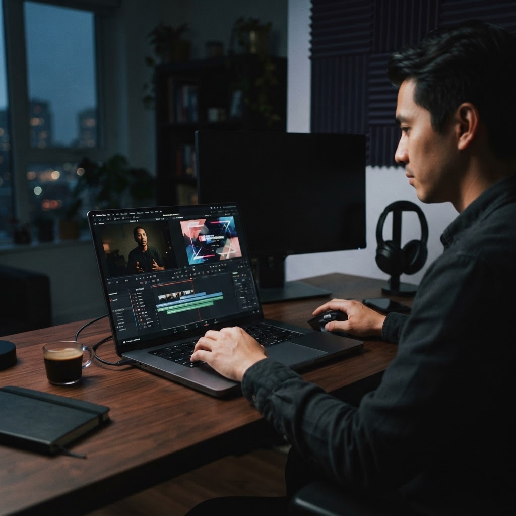 A professional video editing interface showing the transition from raw footage to a branded, polished media asset using automated design tools.