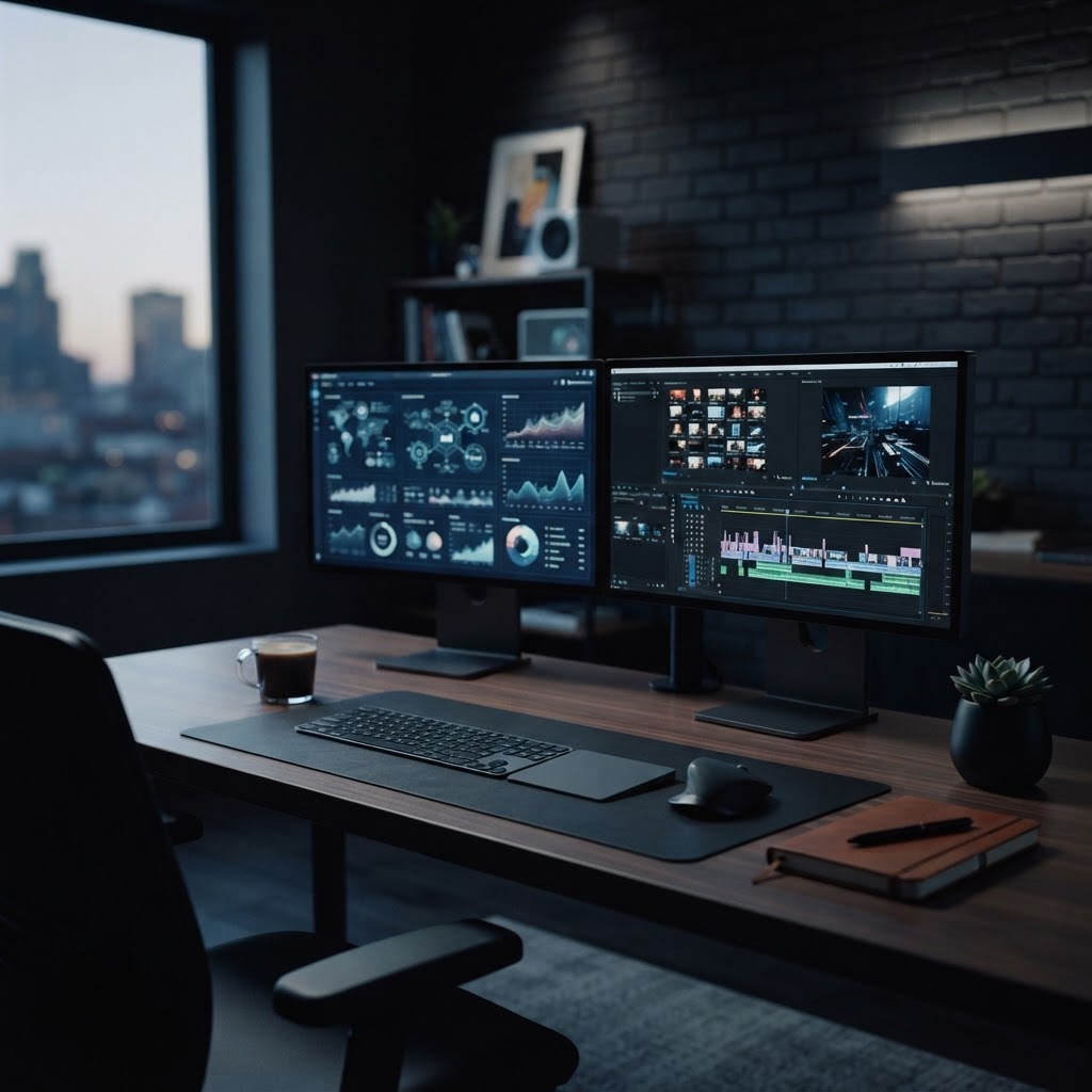 A professional AI-integrated marketing dashboard showing real-time keyword performance alongside automated video clipping timelines, essential for maintaining a high-volume content production workflow.