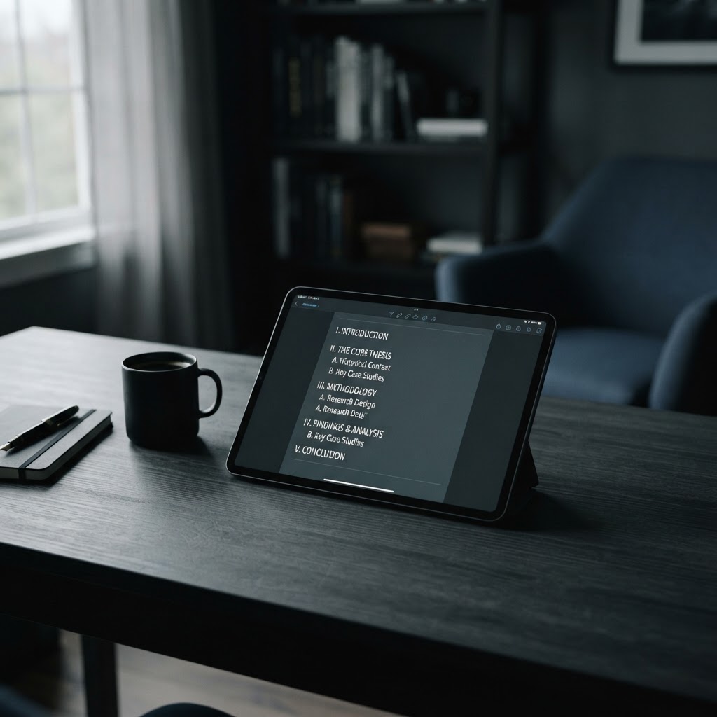 A structured book outline displayed on a tablet, showing how clear chapter organization creates a professional foundation for your final publication.