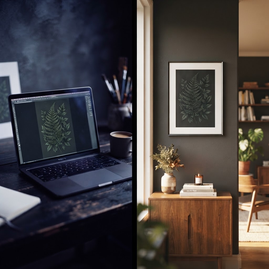 Using lifestyle mockups to display your botanical art helps customers visualize the final product in their own space, which is essential for driving sales.