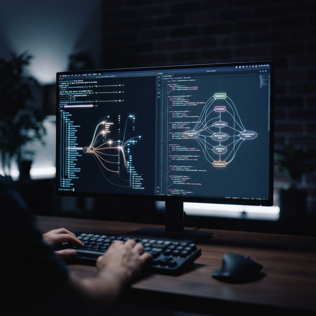 A terminal-native AI agent executing a multi-file refactor, visualizing dependency mapping and structural changes across a large-scale repository.