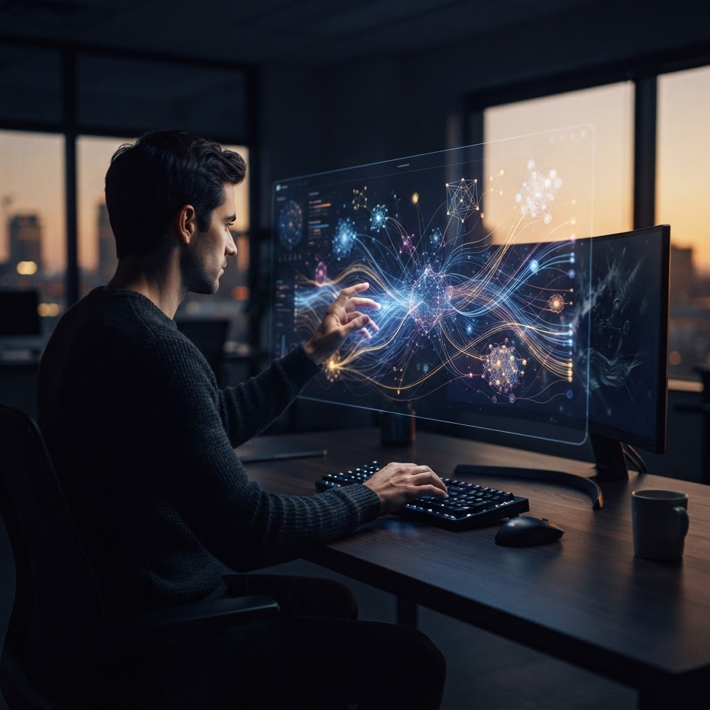 A modern autonomous content operations dashboard visualizing how multiple AI agents coordinate research, writing, and deployment tasks without human intervention.