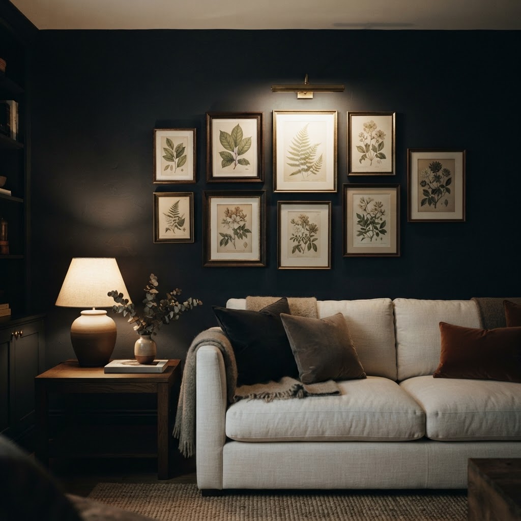 A curated gallery wall of botanical prints demonstrates the value of selling bundles, helping customers visualize how the digital files will look in their own homes.
