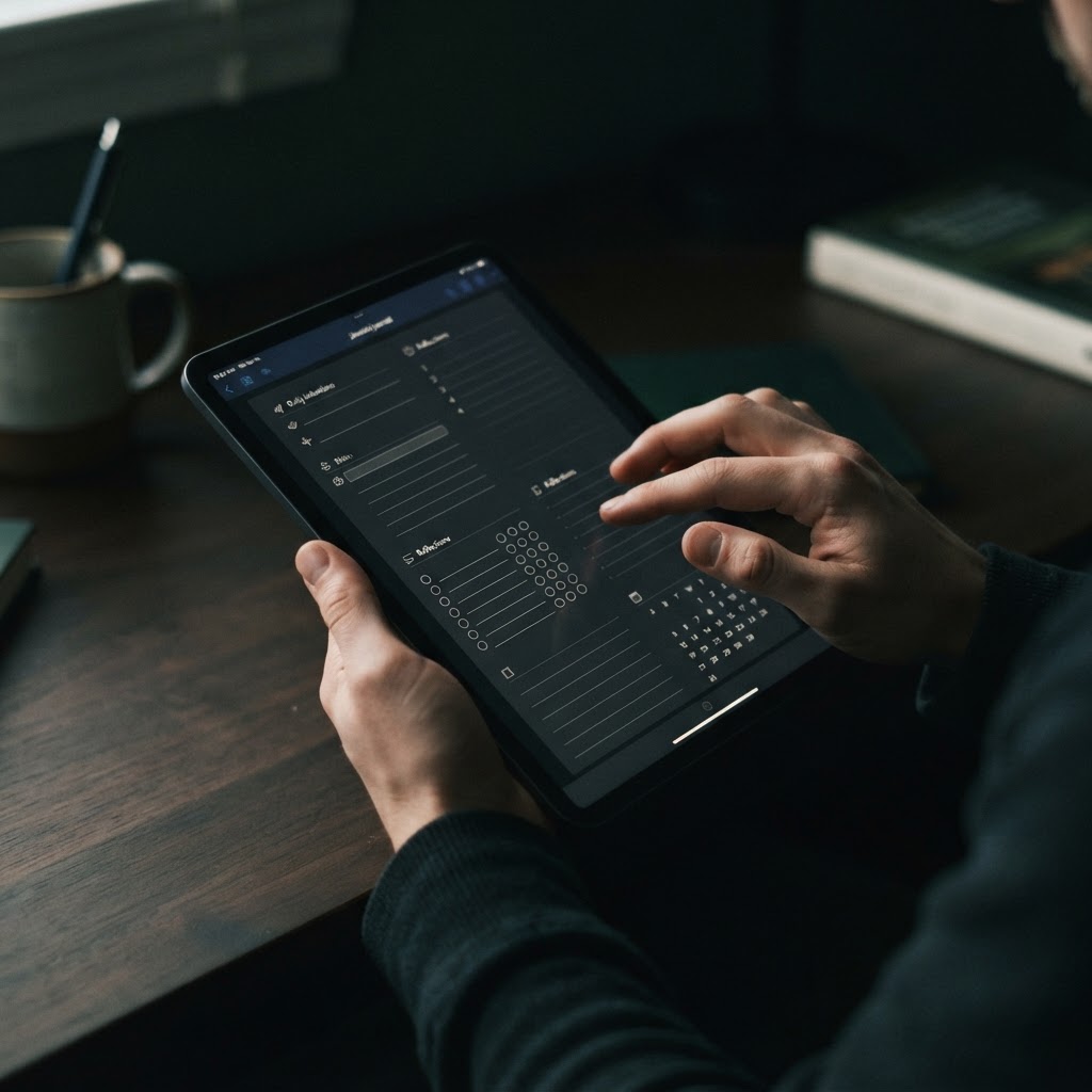 Reviewing a structured journal layout on a tablet, highlighting the importance of adding unique, value-driven content to differentiate your books in a crowded market.