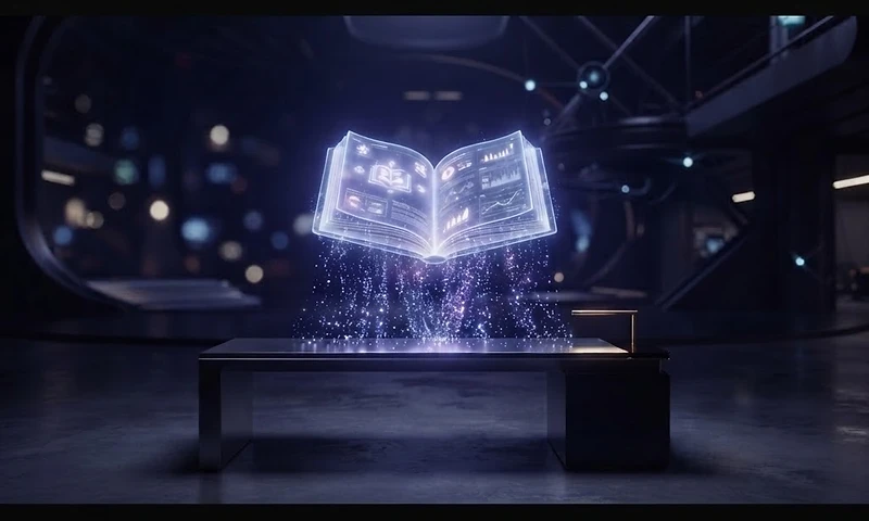 A cinematic AI learning environment — a glowing holographic book with luminous indigo stardust