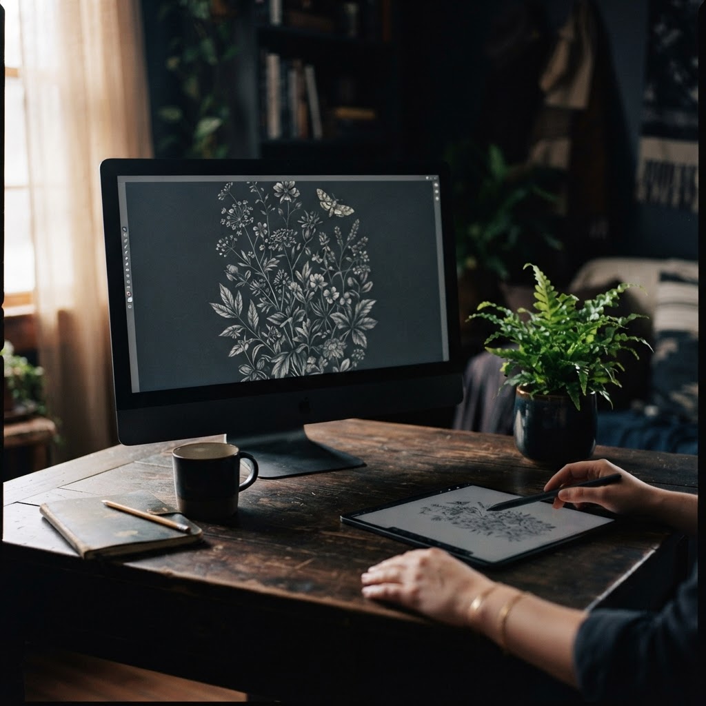 A professional design workspace where AI-generated botanical assets are being refined and color-corrected, ensuring the final printables meet high-quality standards for Etsy buyers.