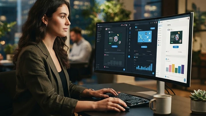 A clean, productive workspace where text is effortlessly turning into video content on a laptop.