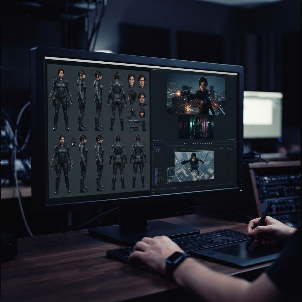 A professional S2V pipeline interface demonstrating how a character reference sheet anchors visual identity across multiple cinematic video shots.