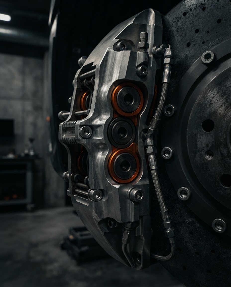 Macro detail of a high-performance brake caliper