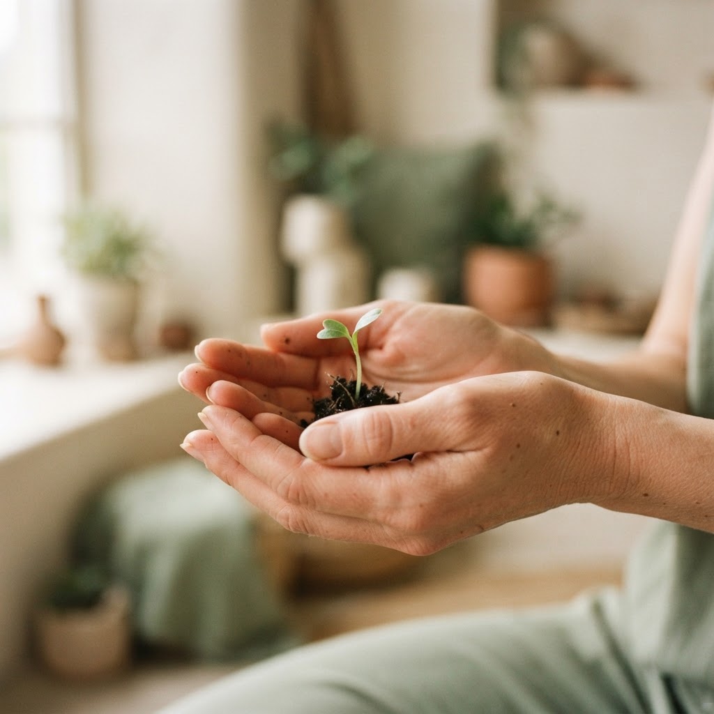Manos sosteniendo una pequeña planta verde con luz cálida