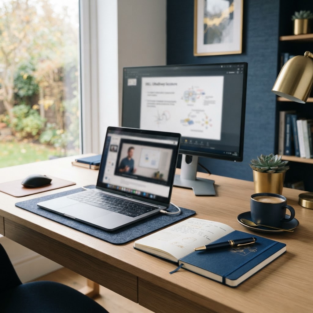 A clean learning desk with a video lesson playing