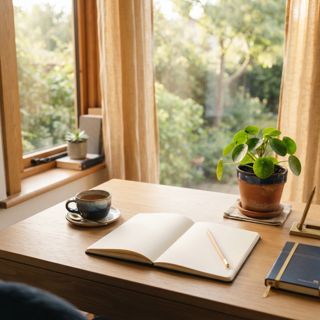 A warm, sunlit desk representing a fresh beginning