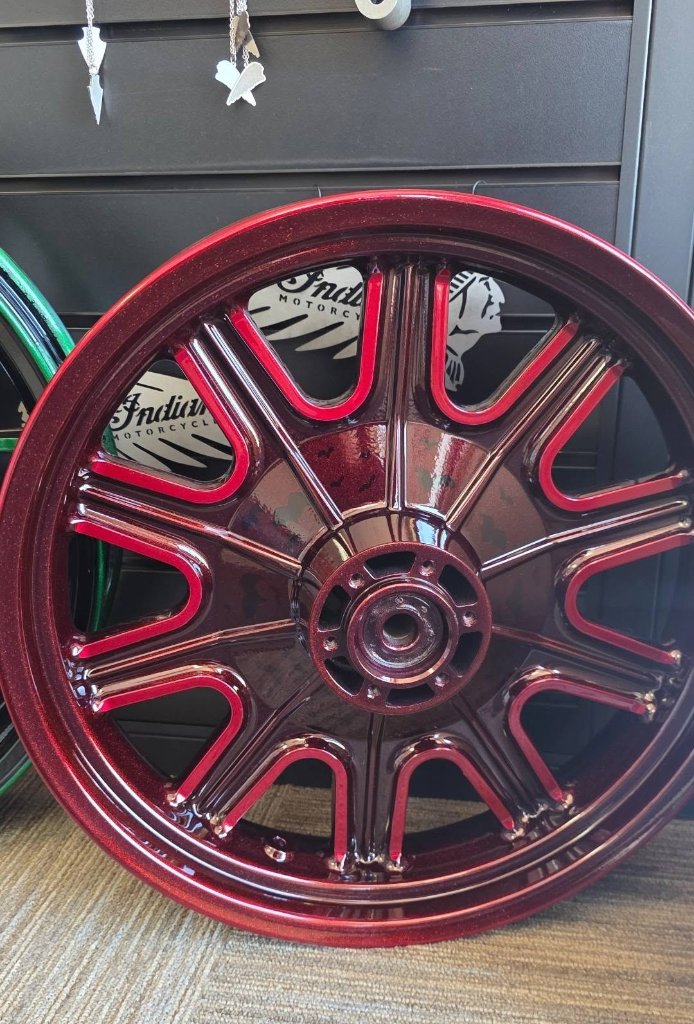 Burgundy Multi-Spoke Motorcycle Wheel