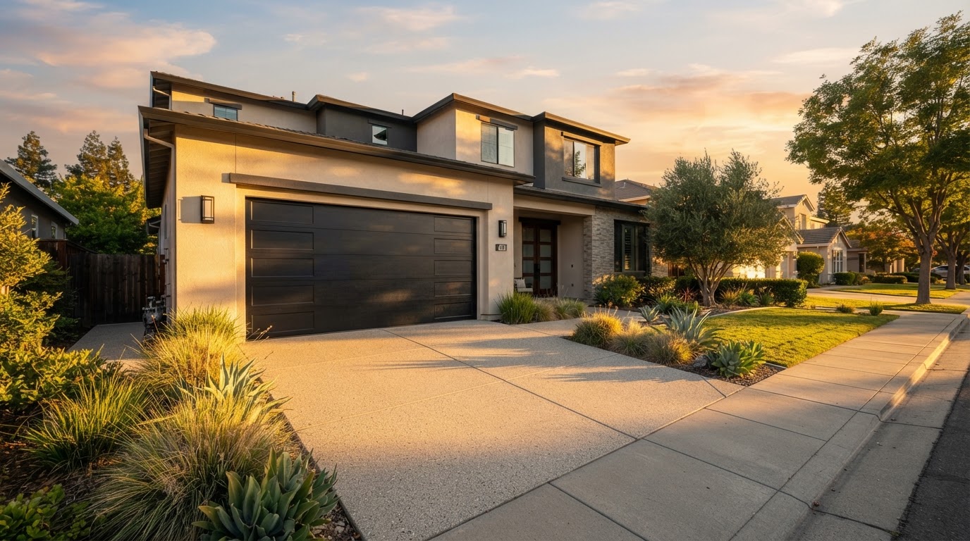 Modern matte black garage door on a Sacramento home at golden hour