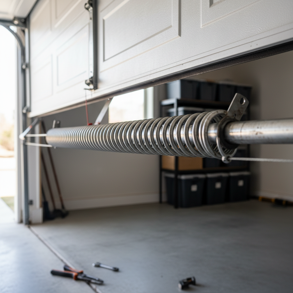 Garage door torsion spring mechanism above a residential garage door