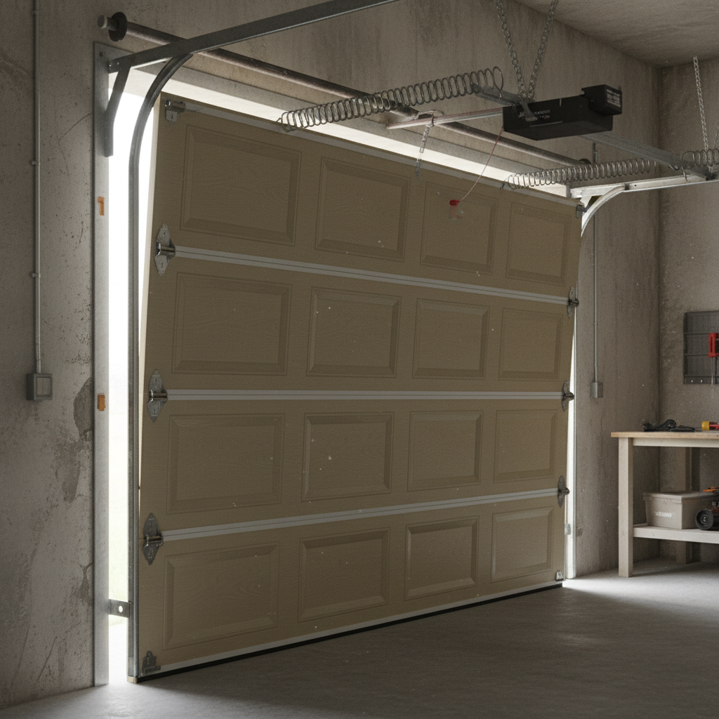 Garage door sitting crooked and off its vertical track in a residential garage