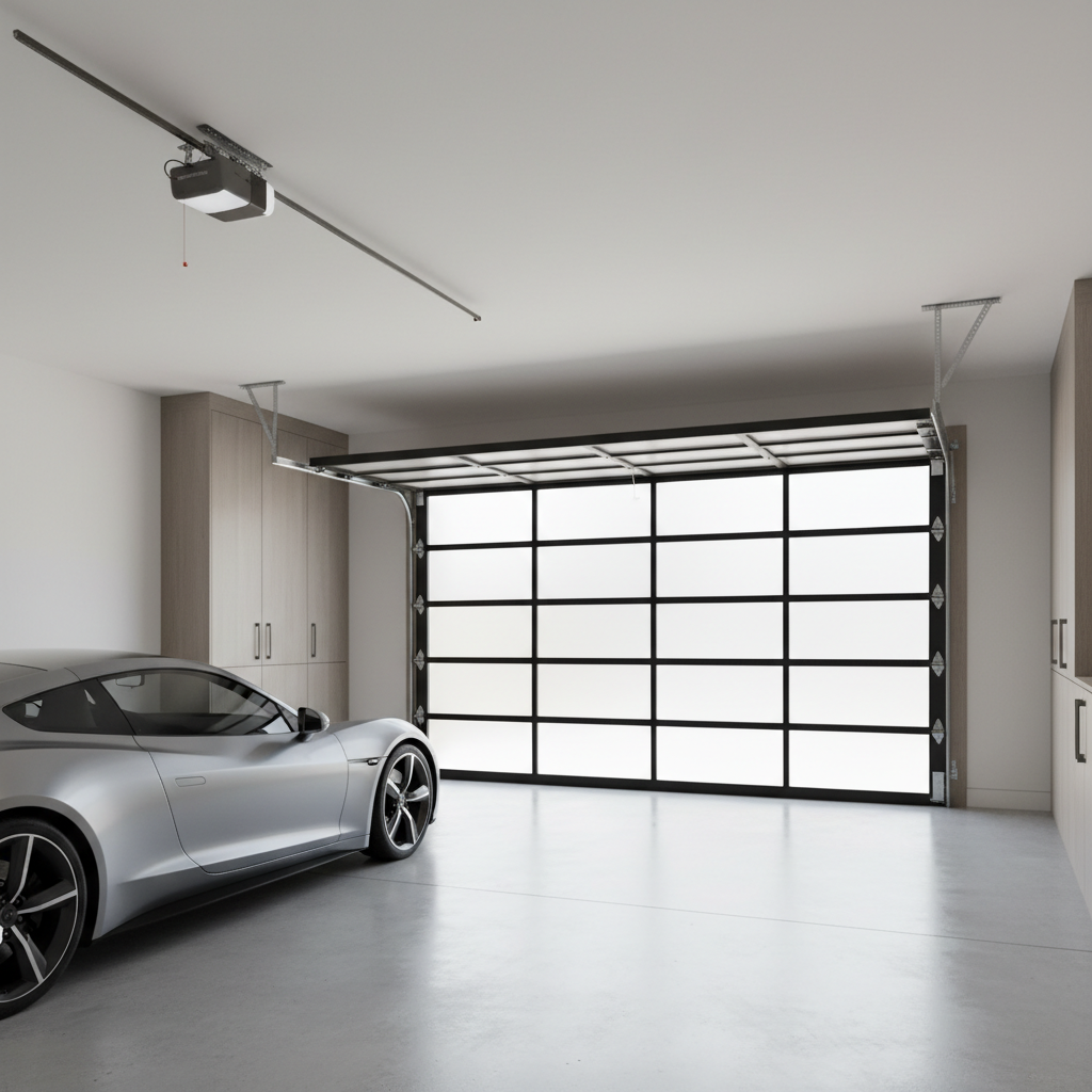 Garage door opener motor unit mounted on the ceiling of a residential garage
