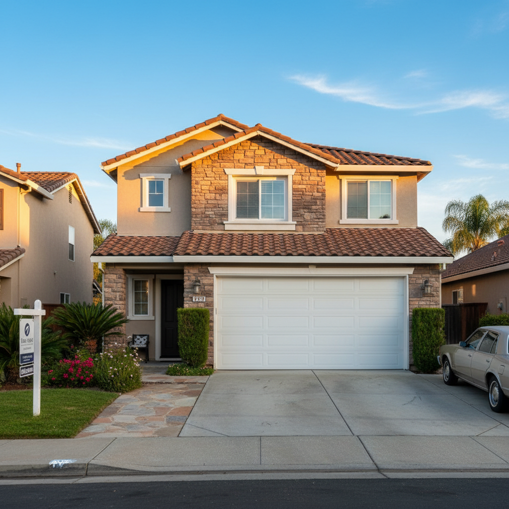 New white raised-panel garage door installed on a Sacramento suburban home