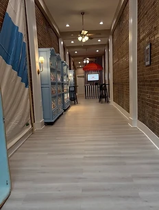 Sweet Tide interior hallway looking toward the striped counter