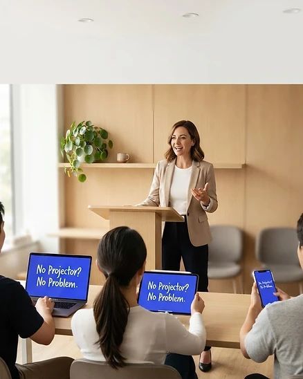 Presenter at a lectern with no big screen in the room, while every audience device stays perfectly in sync