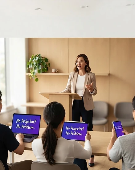 Presenter at a lectern with no big screen in the room, while every audience device stays perfectly in sync