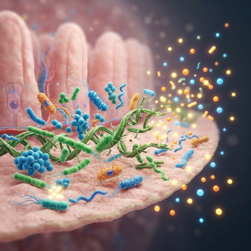 Illustration of gut microbiome bacteria digesting dietary fiber and producing short-chain fatty acids for gut health