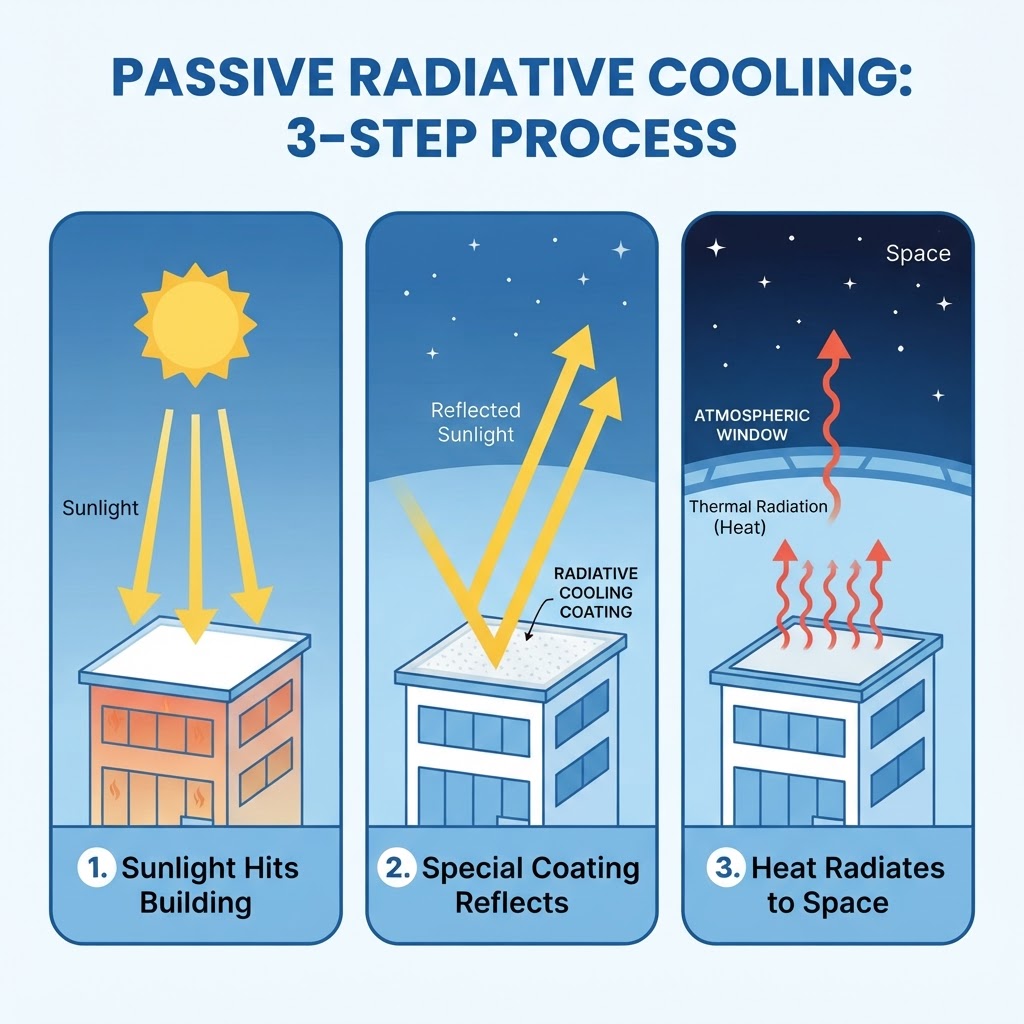 Process diagram showing three steps of passive radiative cooling sunlight reflecting and heat radiating to space