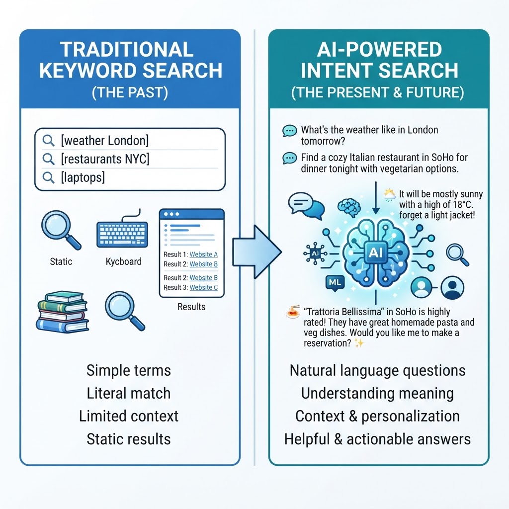 AI SEO shift from keyword matching to intent-based search showing comparison between old keyword search and AI-powered question search
