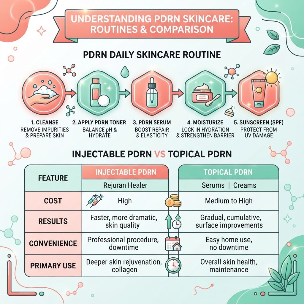 Comparison infographic showing PDRN skincare routine steps and injectable vs topical PDRN comparison