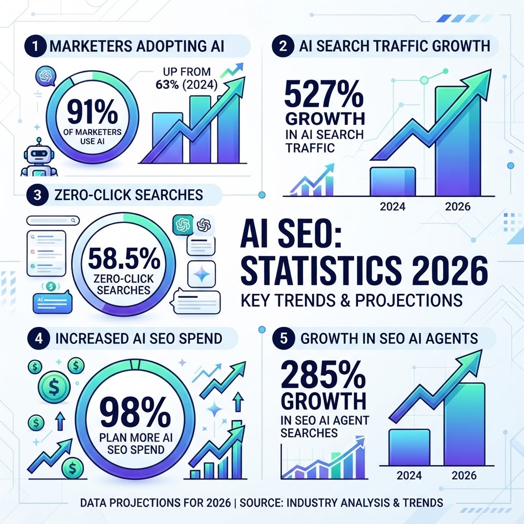 AI SEO statistics infographic showing 91% marketers use AI, 527% growth in AI search traffic, 58.5% zero-click searches, 98% plan more AI SEO spend
