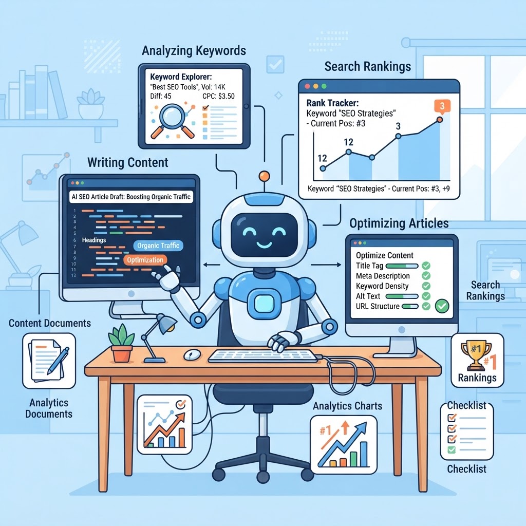 AI SEO agent working autonomously on SEO tasks including content writing, keyword analysis, and rank tracking