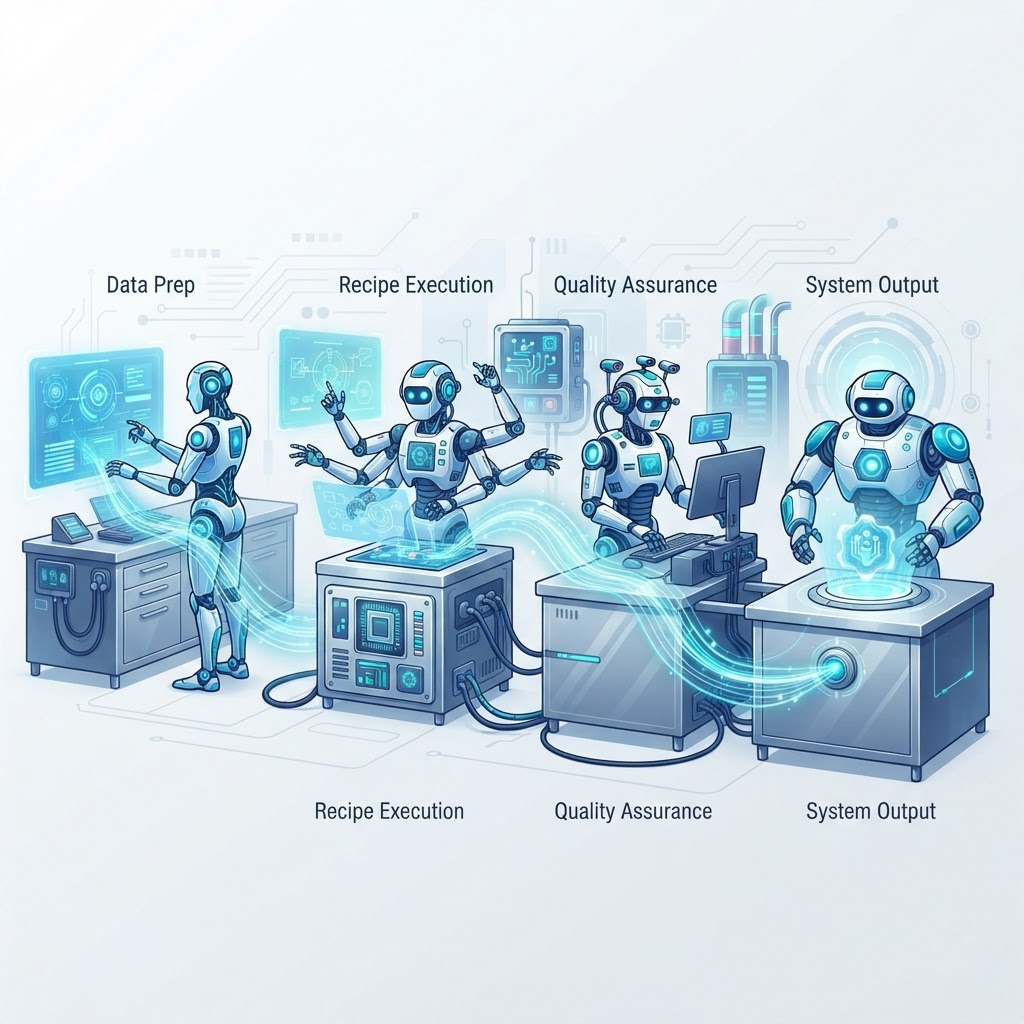 Multiple AI agents working together like a kitchen brigade, each handling a specialized task