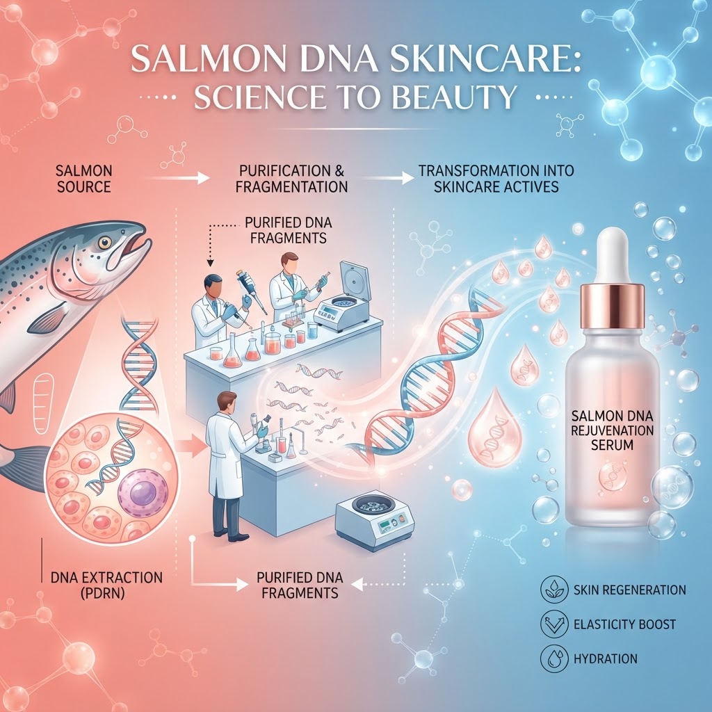 Scientific illustration of salmon DNA fragments being extracted and purified for PDRN skincare
