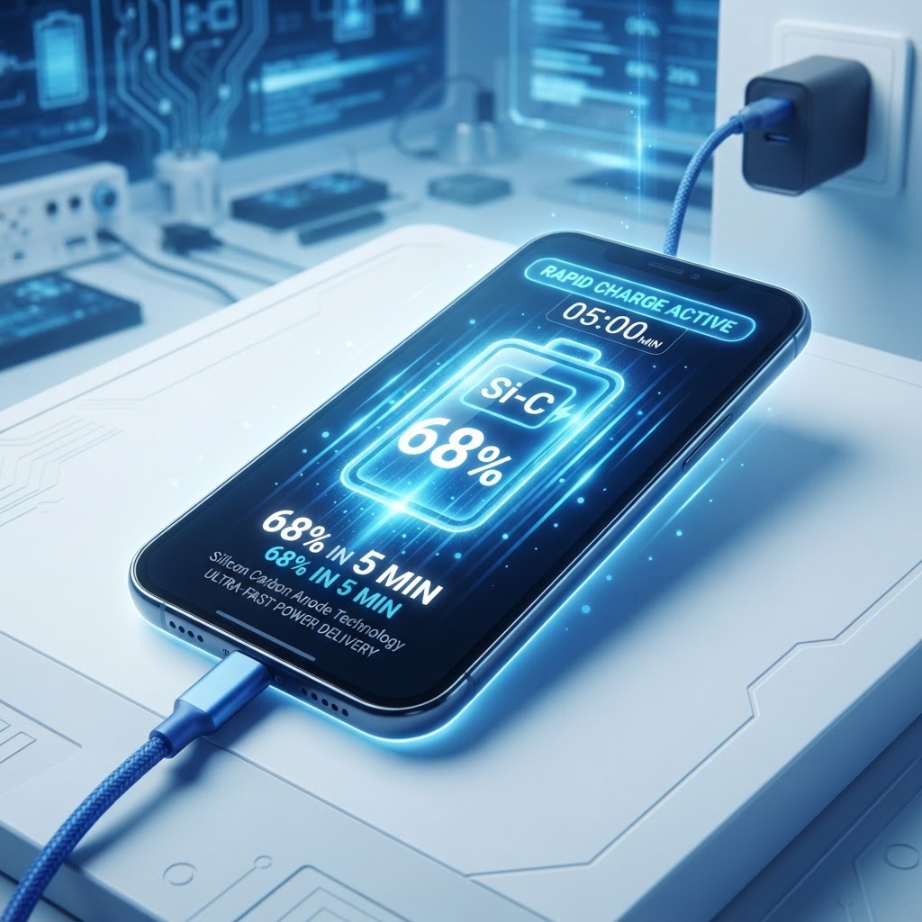 Smartphone with silicon carbon battery charging rapidly in 5 minutes with fast charging speed lines and rising battery percentage