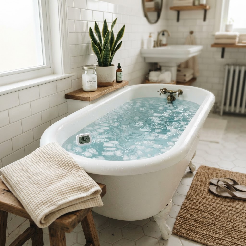 Beginner cold plunge setup at home with bathtub filled with ice water