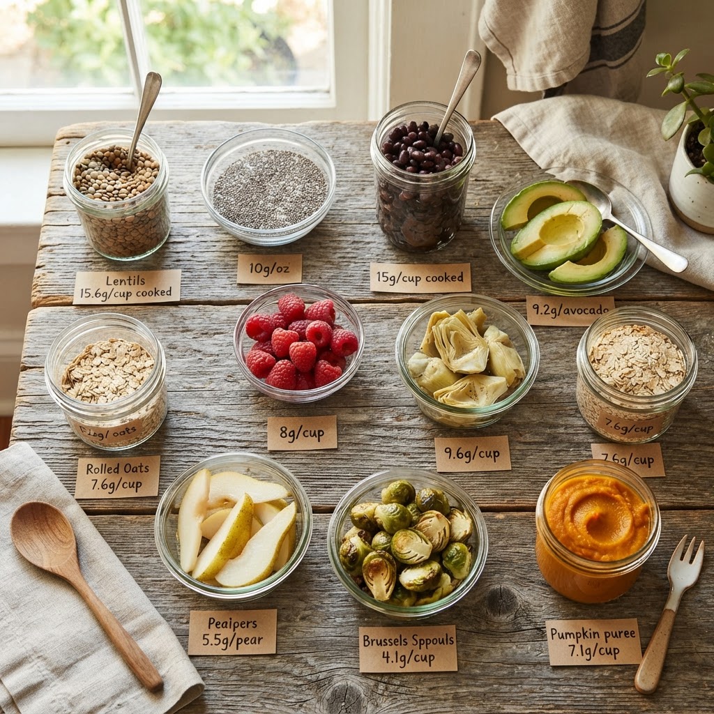 Top 10 high fiber foods for fibermaxxing including lentils, chia seeds, black beans, avocado, and raspberries with fiber gram counts