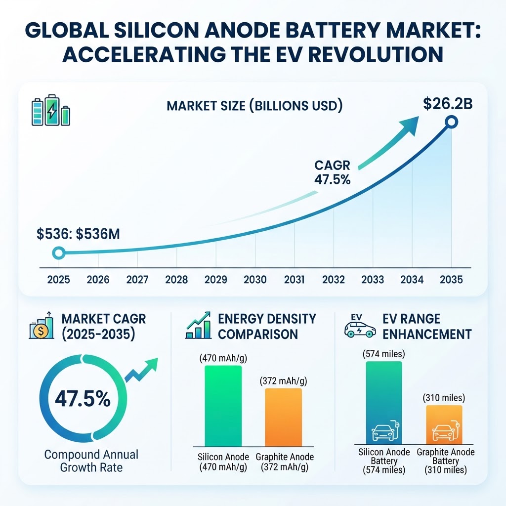 Silicon anode battery market growth infographic showing $536M to $26.2B growth, 47.5% CAGR, energy density and EV range comparisons