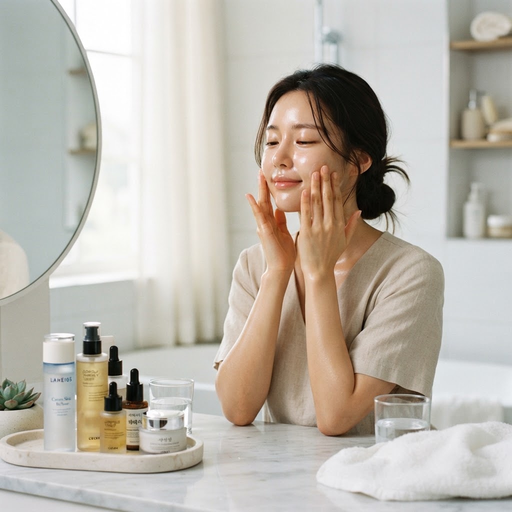 Woman applying PDRN toner to her face with glowing dewy skin in bathroom vanity setting