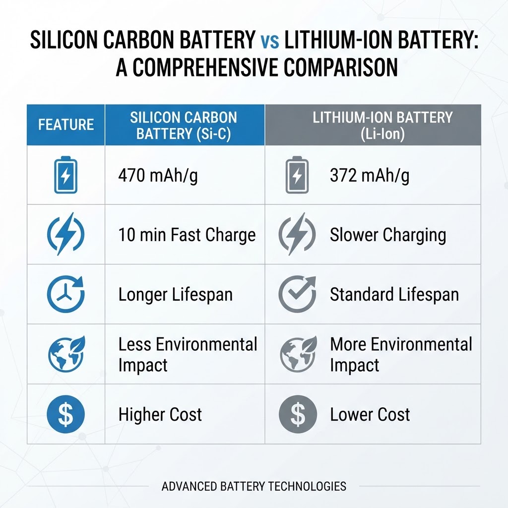 Comparison infographic of silicon carbon battery vs lithium-ion battery showing energy density, charging speed, lifespan, cost, and environmental impact differences