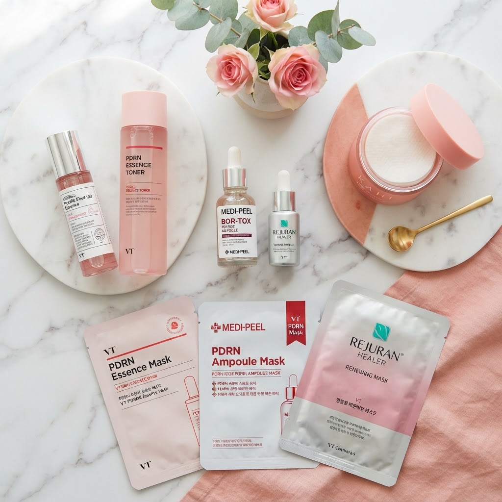 Flat lay of popular Korean PDRN skincare products including toners serums and toner pads on marble surface