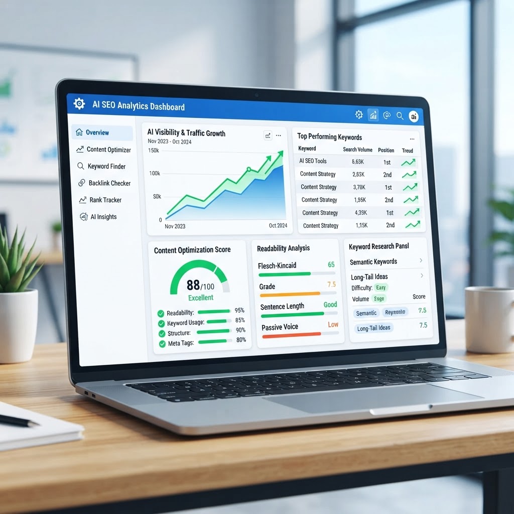 AI SEO tools dashboard showing content optimization metrics, keyword research panels, and AI visibility tracking charts