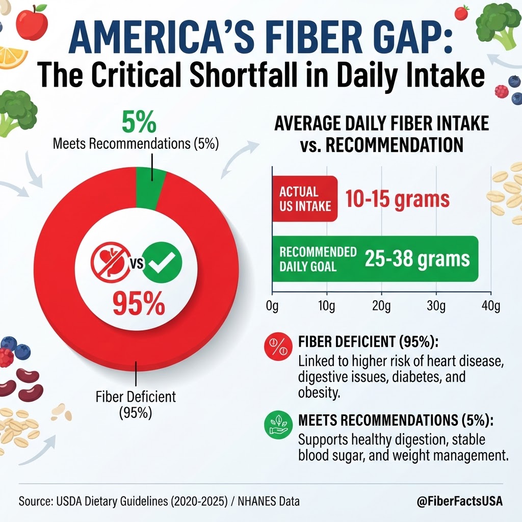 Infographic showing fibermaxxing data: 95% of Americans are fiber deficient with only 5% meeting daily fiber recommendations