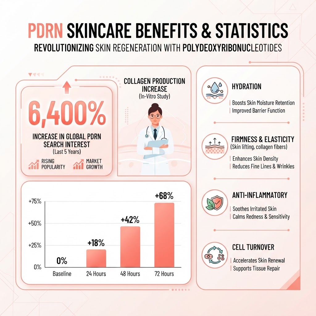 Infographic showing PDRN skincare market data with 6400% search growth and collagen production benefits chart
